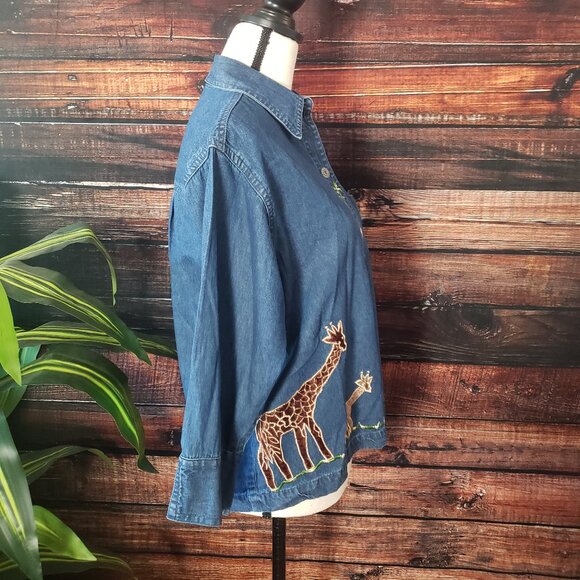New Direction Denim Jean Top Size M Embroidered Velvet Giraffe Shirt 3/4 Sleeves - Picture 3 of 12